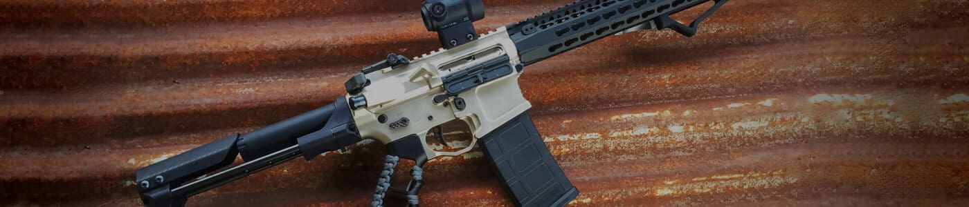 An AR-15 featuring a silver stock and black barrel and accessories
