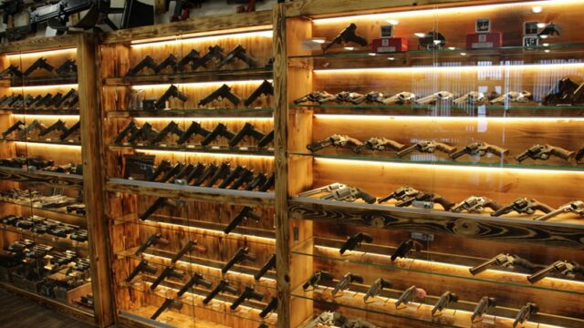 A pistol display case at Sporting Systems