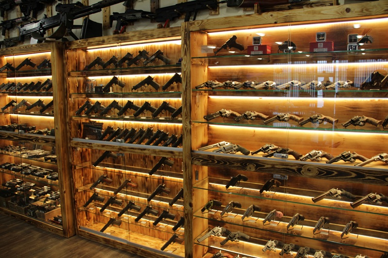 A pistol display case at Sporting Systems