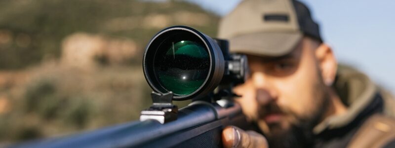 Hunter aiming with a rifle scope